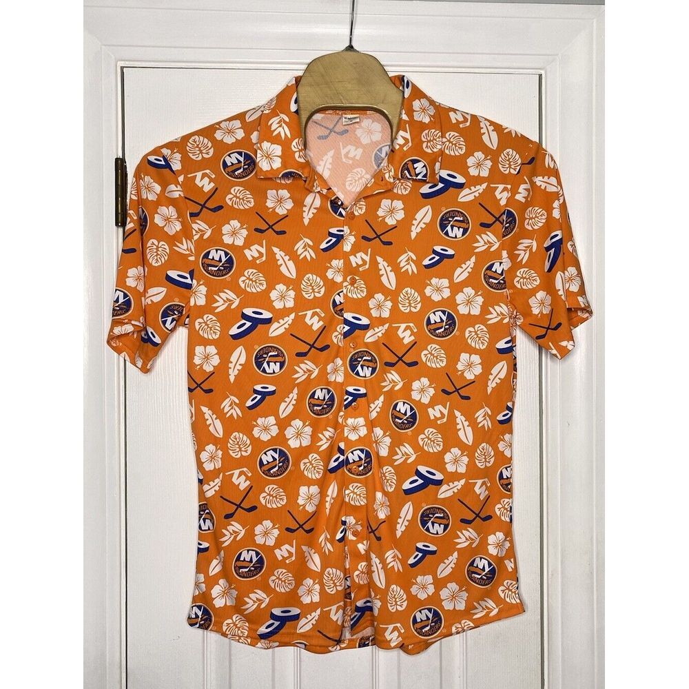 SGA Mens New York Islanders‎ Hawaiian Button Front Shirt Orange Blue XL